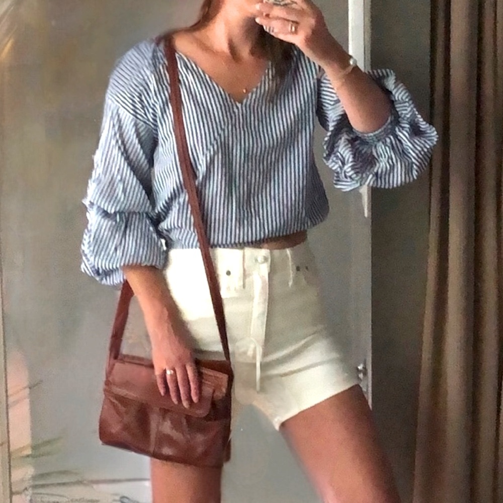 Blue and White Striped Ruffle Sleeve Cropped Bandolier Top Size XS